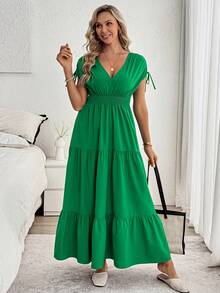 Louniche Women's Solid Color V-Neck Ruched Waist Elegant Midi Dress, Suitable For Dates And Parties - Green - View 6