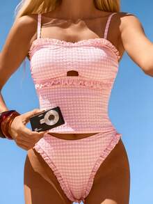 Bellisia Conjunto de Maiô Tankini com Top Camisole com Babado Franzido e Estampa Xadrez e Parte Inferior Triângulo para Mulheres - Preto - Visão 5
