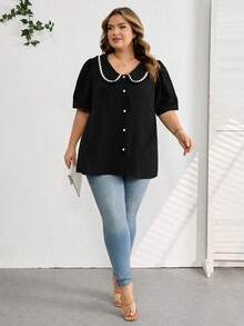 SHEIN CURVE+ Plus Size Women's Solid Color Simple Peter Pan Collar Blouse/2026 /New Year - Black - View 8
