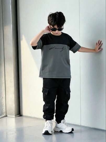 Young Boy Fashion Minimalist Slogan Print Round Neck Short Sleeve T-Shirt And Cargo Pants Set, Suitable For Festivals, Parties, Spring/Summer, Lightweight And Comfortable, Casual Street Style, Outdoor Picnic, School, Gifts