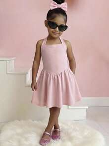 Young Girls Strapless Camisole Dress, Waist Cinched Casual Dress, Versatile For Holiday, Daily Wear, Fashionable & Cute,Kids - Baby Pink - View 4