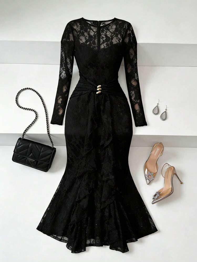 Women's Elegant Lace Ruffle Hem Midi Dress, Summer Sundress