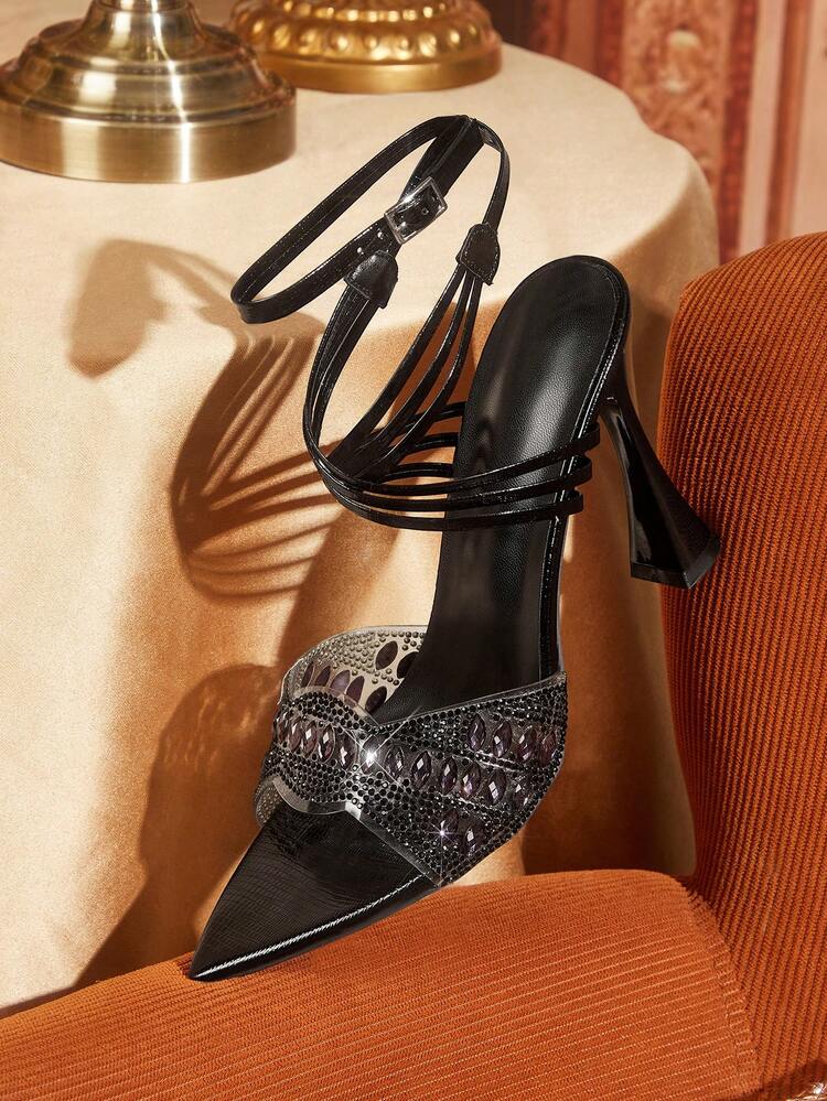 CUCCOO TILAWA Black Diamond Decor Criss-Cross Strap High Heel Sandals, Featuring Chic And Glamorous Styles, Suitable For Sophisticated Women Seeking Fashionable And Elegant Outfits, Can Be Paired With Dresses Or Pants For Dates, Parties, And Professional Occasions (Fashion-Oriented Workplaces) Summer Shoes