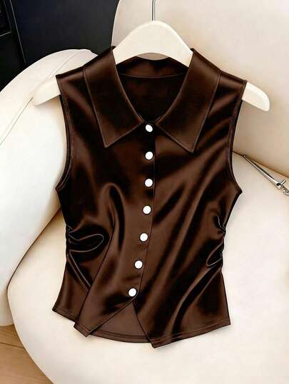 Franclia Summer New Lightweight Luxury French Design Sleeveless Top, Niche Fashion Versatile Collar Decor Button Embellished Blouse For Women