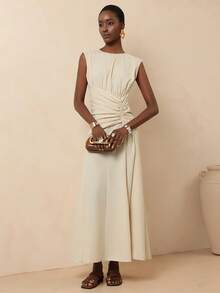 Vesra Vestido midi de línea A con diseño de cintura ceñida, cuello redondo y cordón para vacaciones de estilo vintage y casual para mujeres - Albaricoque - Ver 4