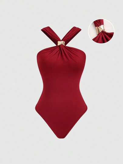 Sweetra Mono de mujer rojo sexy estilo estadounidense con decoración de hebilla metálica y cruce en el cuello, para primavera/verano