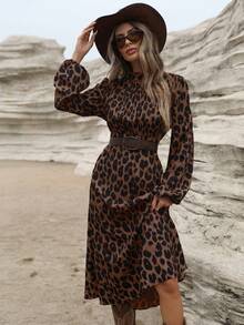 Revavyn French Elegant Ruched Front Design Fashion Leopard Print Long Sleeve Dress With Belt Vacation Outfits Woman Cheetah Print  Fall Cloth For Women - Brown - View 5