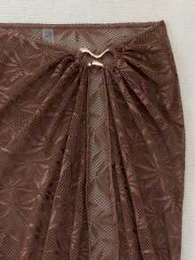 Bonvoyette Váy dài phối lưới jacquard khoét rỗng, phụ kiện kim loại, kiểu dáng mới mùa xuân/hè, thích hợp mặc ngoài đồ bơi. - Cà phê nâu - Xem 4