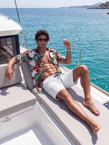 Surfspeed Men's White Floral Leaf Print Button-Up Short Sleeve Shirt And Drawstring Shorts Summer Boho Vacation Holiday Beach Hawaii Tropical Swim Outfits Set - Multicolor - View 3