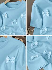 Franclia 女士休闲H型圆领3D蝴蝶结短袖粉色T恤，夏季款 - 藍色 - 查看 3