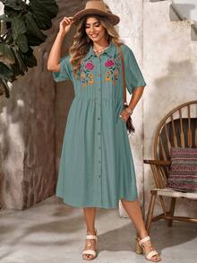 EMERY ROSE Plus Size Floral Print Button Front Casual Vacation Dress - Fresh Green - View 3