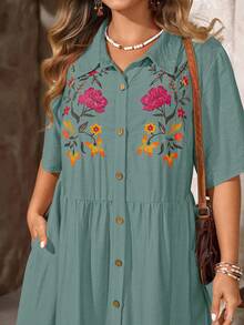 EMERY ROSE Plus Size Floral Print Button Front Casual Vacation Dress - Fresh Green - View 7