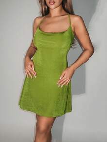 SHEIN ICON Fitted Glitter Velvet Backless Waist Cinched Mini Dress - Green - View 5