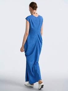 Aalyst Women's Fashion Round Neck Pleated Irregular Hem Round Shoulder Romantic Elegant Casual Commute Date Party Dinner Dress, Spring/Summer - Blue - View 3