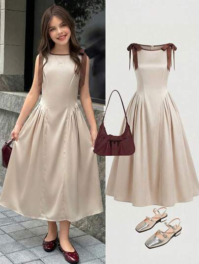 Firerie Kids Tween Girls' Colorblock Bow Tie Waist Dress, Casual Elegant Fashion Versatile Daily Wear, Suitable For Ceremonies, Parties And All Occasions, New Girls Dress