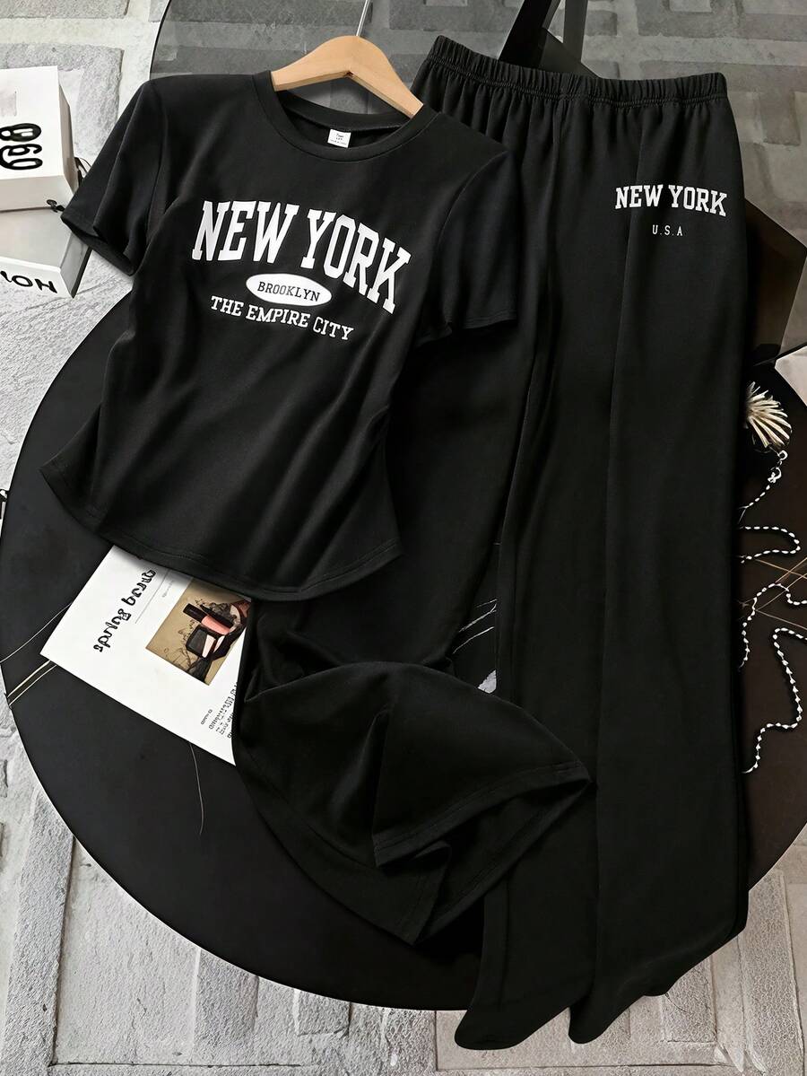 SHEIN One Piece,Short Sleeve,Casual,Offset Print,Spring And Summer,Teen Girls' Summer Commuting Set, Sporty And Casual Straight-Leg Pants, Short-Sleeved Lightweight And Comfortable Two Pieces Set. - Black - View 1