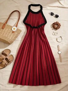 Franclia 女士条纹吊带优雅束腰针织连衣裙，适合派对和旅行穿着。 - 酒紅色 - 查看 2