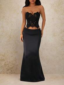 SHEIN PETITE 2pcs/Set Black Sexy Hollow Lace Sheer Blouse And Low Waist Extra Long Satin Skirt, Suitable For Date Night, Wedding Guest, Brunch, Elegant Outfit, Party - Black - View 6