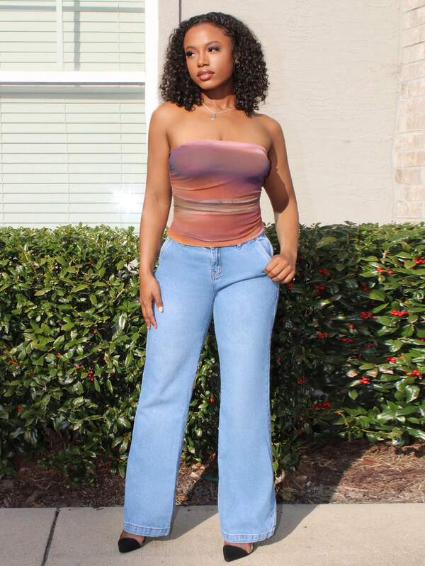 Steph T 女士休闲夏季背心扎染褶饰露肩短款上衣白色上衣外出上衣夏季衬衫