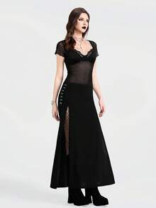 Breakform Bộ đồ hai mảnh nữ phong cách Gothic gợi cảm cổ vuông tay ngắn, áo hai mảnh nữ, áo crop top ngắn tay ôm sát bằng vải lưới phối ren, vải dệt kim, áo hai mảnh siêu ngắn, áo hai mảnh màu đen, áo hai mảnh ôm sát nữ. - màu đen - Xem 5