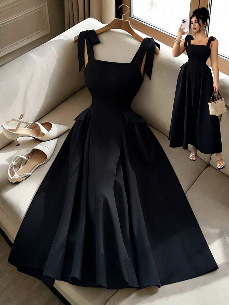 Elenzga 全新女式方领宽肩带蝴蝶结针织纹理面料仿口袋褶皱设计连衣裙，休闲度假日常百搭年轻优雅，春夏 - 黑色 - 查看 1