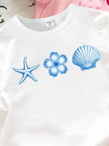 3pcs/Set Baby Girls' Cute Floral Bow,Starfish,Shell Graphic Print Short Sleeve T-Shirts,Pink And White,Beige,Summer Vacation Holiday Daily Wear - Multicolor - View 3