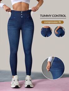 Flexra Denim Stretch Minimalista de Cor Sólida para o Dia a Dia das Mulheres - Azul - Visão 2