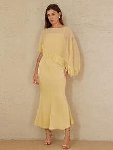 BELROSIE Elegant Women's Satin Slip Dress With Chiffon Fringe Hem Shawl, Luxury Design For Dates, Two Pieces Set - Beige - View 5
