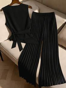 Elenzga Bộ đồ nữ cỡ lớn thời trang thường ngày gồm áo blazer cài nút và quần dài xếp ly (2 món). - màu đen - Xem 2