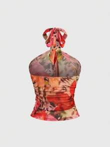 Sweetra Women's Vintage Elegant Casual Printed Open Back Ruched Waist Mesh Blouse Shirt, Spring/Summer - Multicolor - View 2