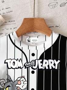 TOM & JERRY X SHEIN 男婴卡通印花条纹短袖休闲上衣 - 白色 - 查看 3