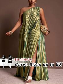 SHEIN CURVE+ 2025春夏秋季新款优雅派对、约会、毕业季、生日派对、聚会、婚礼季、宴会等场合的性感宽松无袖单肩单侧高开衩亮面面料全褶皱大码长裙 - A - 綠色 - 查看 8