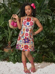 SHEIN Tween Girls' Casual Vacation Tropical Print Halter Dress - Red - View 1