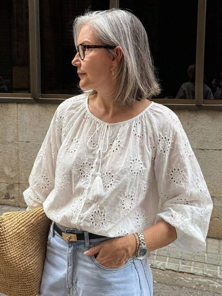 Women's Solid Color Jacquard Hollow Out Loose 3/4 Sleeve Tie Tassel Casual Vacation Spring/Summer Blouse Boho
