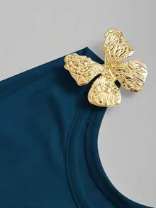 Sweetra Atasan Wanita Warna Polos dengan Garis Leher Asimetris dan Pita - Teal Blue - View 4
