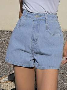 Livesso Damen Strukturierte Lässig Urlaubs Baumwoll Denim-Shorts, Blaue Jorts für den Sommer - Blau - Übersicht 4