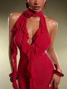 Normani 春夏音乐会女装外出休闲装2000年代Y2K 90年代俱乐部复古锐舞装音乐节老钱街头风复活节圣帕特里克节女士派对海滩婚礼外出毕业优雅度假休闲节日正式节日派对奢华乡村女士针织假日派对红色荷叶边长款浪漫优雅连衣裙 - 紅色 - 查看 1