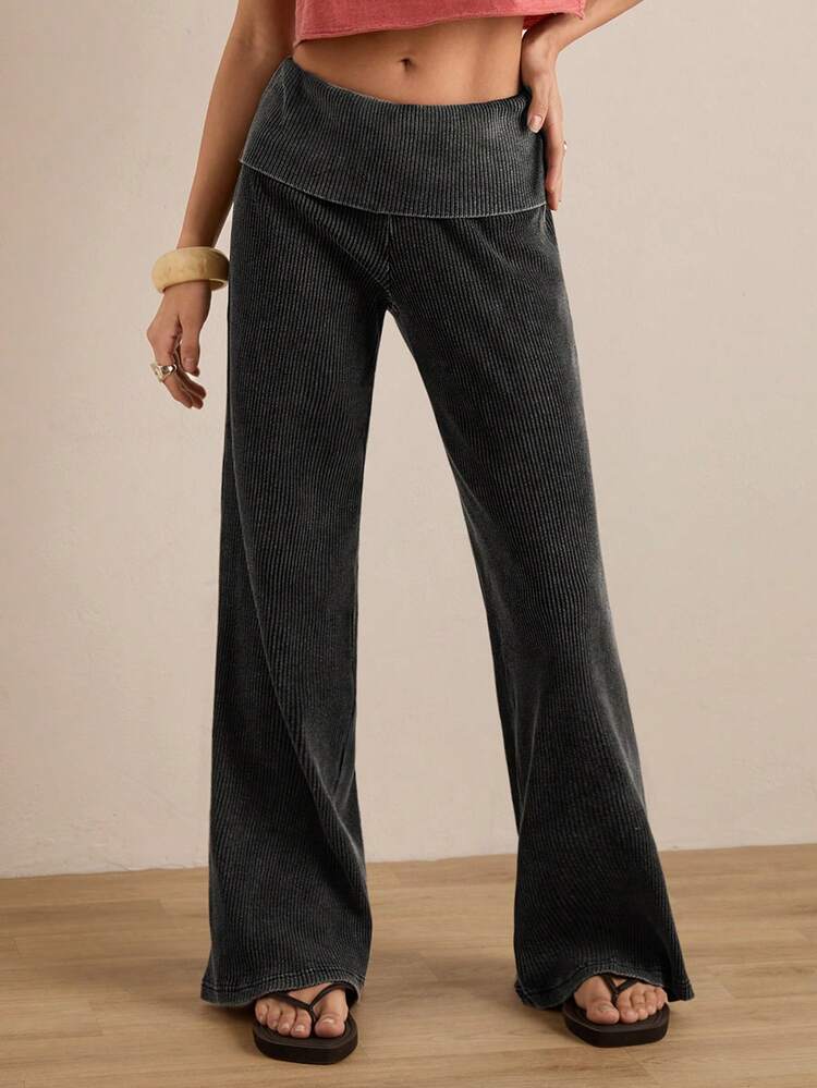 Easelle Casual Black Flocked Waist Sweatpants For Women Folding Waist Design Retro Wash And Distressed Summer Spring Festival  Going Out Pants For Women Casual Wide Leg Pants For Women Loose Pants For Women - Black - View 5