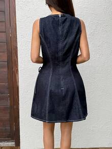 Sunnyshic Đầm denim nữ cổ tròn thắt nút, kiểu dáng thường ngày, thích hợp cho kỳ nghỉ hoặc đi biển. - Màu xanh lam - Xem 2