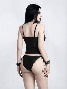 ROMWE Goth 2026春夏哥特朋克前卫性感炸弹两件套露脐比基尼，街头潮流金属铆钉装饰，黑色紧身抹胸比基尼泳装，2026春夏女装新品，适合新年、情人节、返校、旅行、海滩、下午茶、派对、日常穿着、休闲、户外运动等场合，时尚百搭 - 黑色 - 查看 2