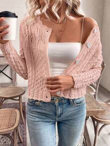 EMERY ROSE Women's Round Neck Hollow Front Button Cardigan, Autumn/Winter Knitted Sweater Jacket - Pink - View 6