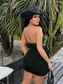 SHEIN SXY 女士闪亮性感抹胸上衣，适合约会和派对 - 黑色 - 查看 2