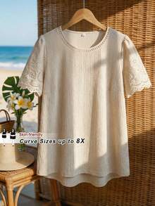 SHEIN CURVE+ Curve 尺码 US22 音乐节、海滨度假、波西米亚风女士圆领短袖刺绣休闲T恤，适合春夏穿着 - 卡其色 - 查看 3