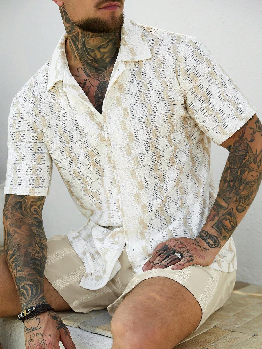 Manfinity CasualCool Men's Khaki Knit Checkered Hollow Out Short Sleeve Shirt - Khaki - View 1