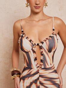 Lumalex 女士撞色镂空褶皱腰身优雅长吊带连衣裙，适合派对穿着 - 咖啡 - 查看 9