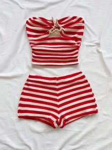 Soleia Bộ đồ thể thao nữ năng động màu đen trắng kẻ sọc, áo croptop ống có khóa kim loại trang trí và quần short siêu ngắn, thích hợp cho hẹn hò, tiệc tùng, kỳ nghỉ biển. - Nhiều màu - Xem 7