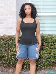 Steph T Casual Basic Ribbed White Tank Top With Deep U-Neck And Narrow Armholes, C Style - Black - View 1