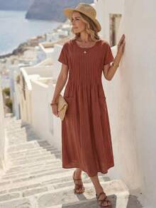 Faunlyn Women's Solid Color Round Neck Short Sleeve Pleat Double Pocket Loose Casual Dress - Redwood - View 5