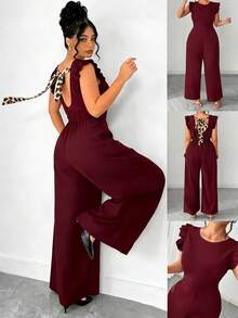 SHEIN Elenzya Mono de mujer con estampado de leopardo, cuello redondo, espalda descubierta, mangas cortas con lazo delantero, para primavera/verano, pantalón ancho y suelto para uso casual, citas o ir al trabajo - Burdeos - Ver 1