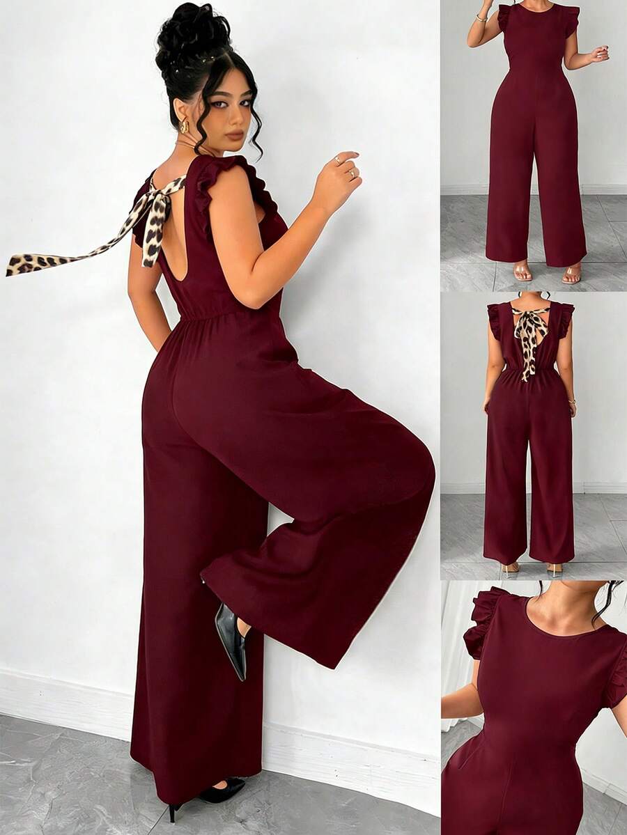 SHEIN Elenzya Mono de mujer con estampado de leopardo, cuello redondo, espalda descubierta, mangas cortas con lazo delantero, para primavera/verano, pantalón ancho y suelto para uso casual, citas o ir al trabajo - Burdeos - Ver 1